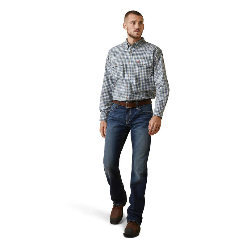 Ariat Mens FR Plaid Featherlight Work Shirt - Clear Sky Plaid - Image 3