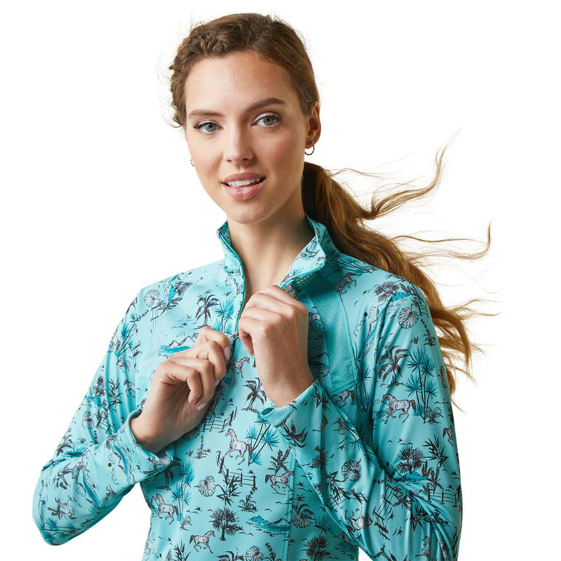 Ariat Womens Sunstopper 2.0 1/4 Zip Baselayer Shirt - Pool Blue Oasis Print - Image 4