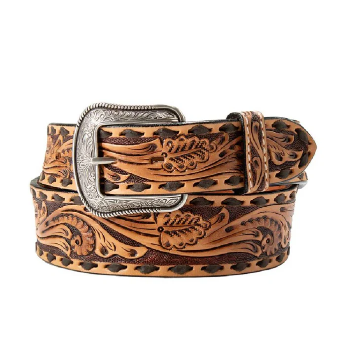3D Men's 1 3/4" - 1 1/2" Tapered Scroll Tooled Buck Lace Belt- Brown