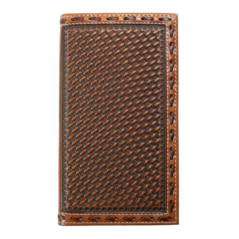 3D Men's Trifold Rodeo Style Basketweave Wallet- Brown