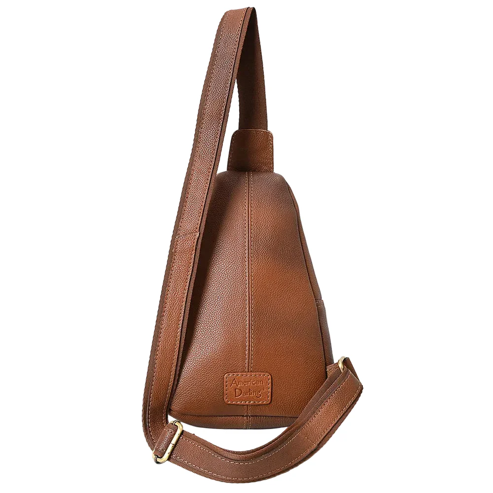 American Darling Brown Leather Sling Backpack with Tooled Floral Bag - Image 2