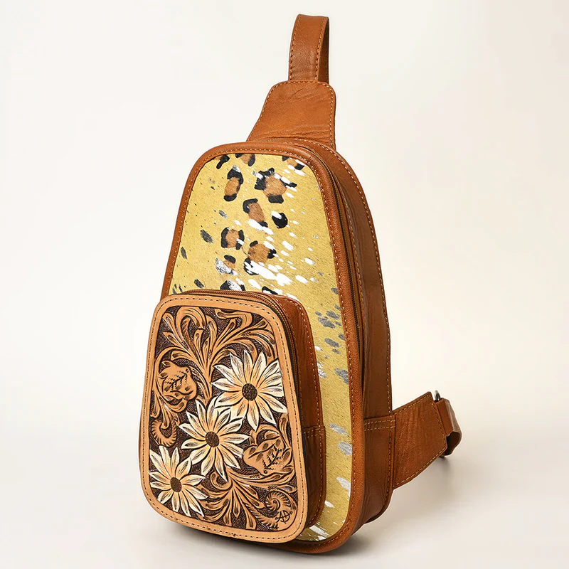 American Darling Floral Hand Tooled Bag -Hair on Cowhide Sling - Image 3