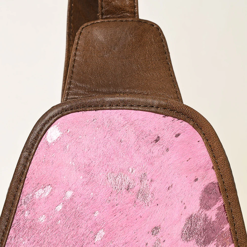American Darling Hand-Tooled Hair-On Sling Backpack - Pink Metallic Splatter Cowhide - Image 2