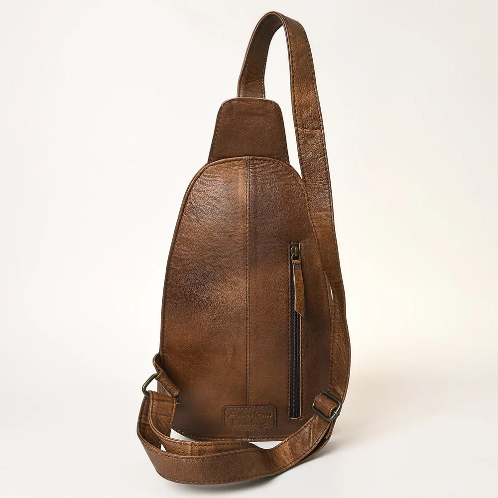 American Darling Hand-Tooled Hair-On Sling Backpack - Pink Metallic Splatter Cowhide - Image 3