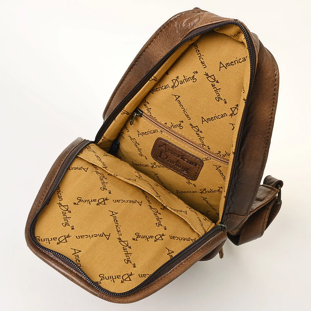 American Darling Hand-Tooled Hair-On Sling Backpack - Pink Metallic Splatter Cowhide - Image 4