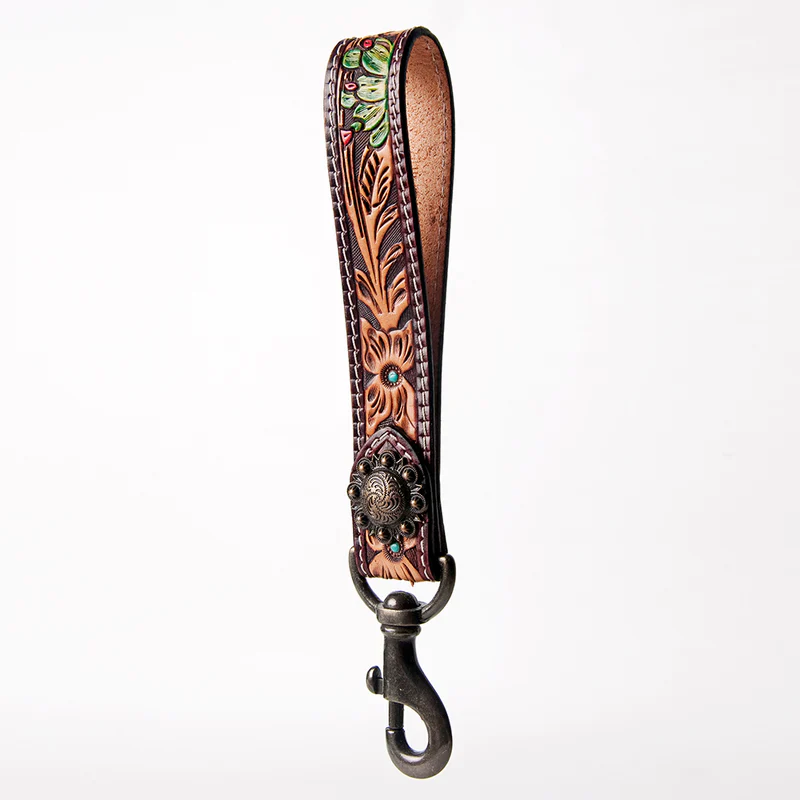 American Darling Hand Tooled Leather Wristlet Keychain - Floral Tooling with Painted Accents & Concho