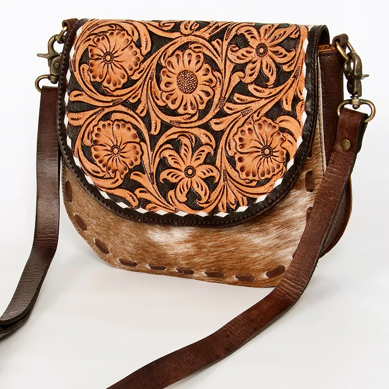 American Darling Messenger Bag- Floral Hand Tooled Leather & Hair-On Hide - Image 2