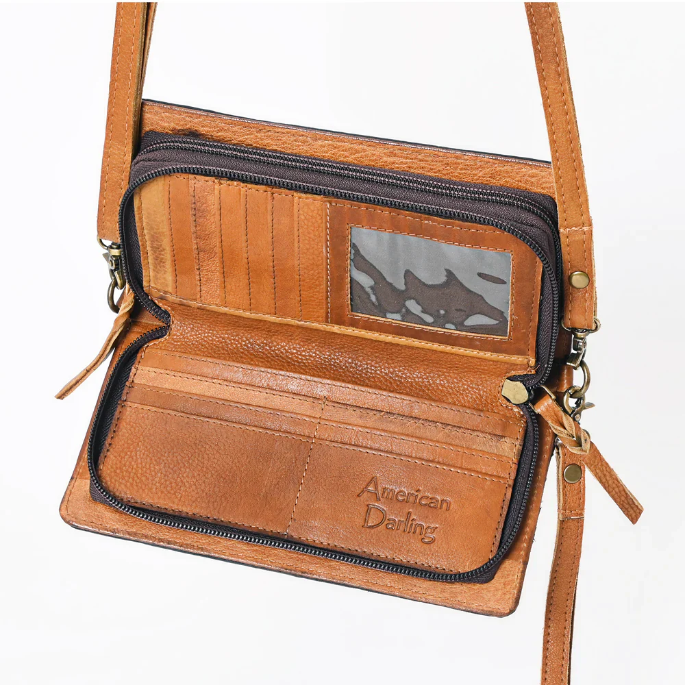 American Darling Hand Tooled Floral Flap Crossbody Purse - Tan/Yellow/Orange/Pink - Image 2