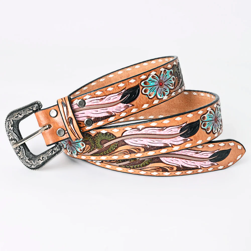 American Darling Tooled Leather Belt - Flamingo Feather - Image 2