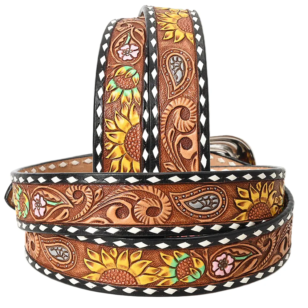 American Darling Tooled Leather Belt - Sunflower Design with White Edges - Brown/Yellow - Image 2