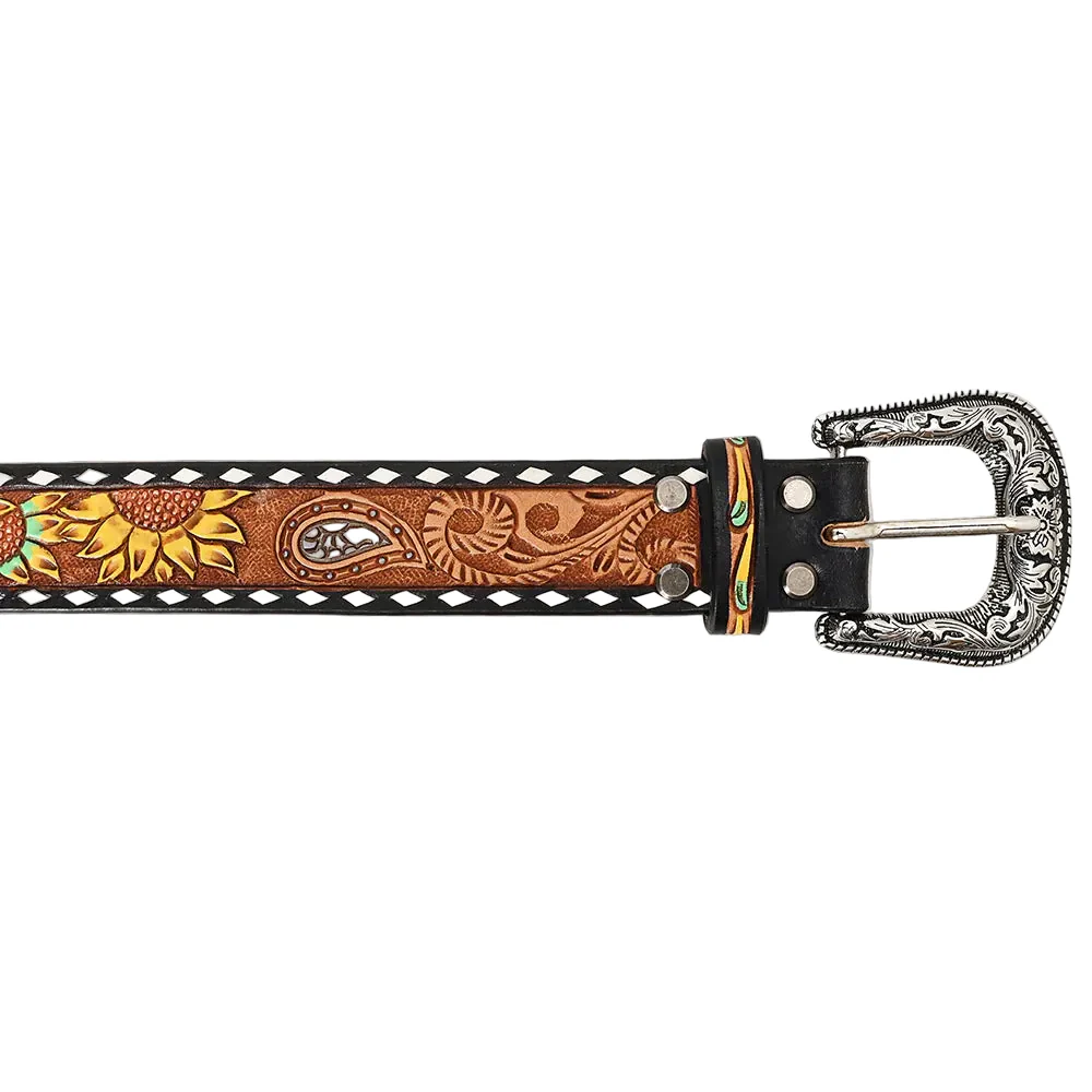 American Darling Tooled Leather Belt - Sunflower Design with White Edges - Brown/Yellow - Image 4