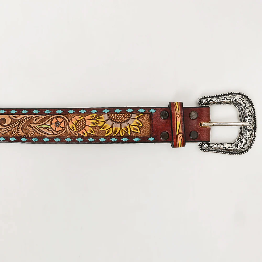 American Darling Tooled Leather Belt - Yellow Sunflowers Teal Edge - Image 3