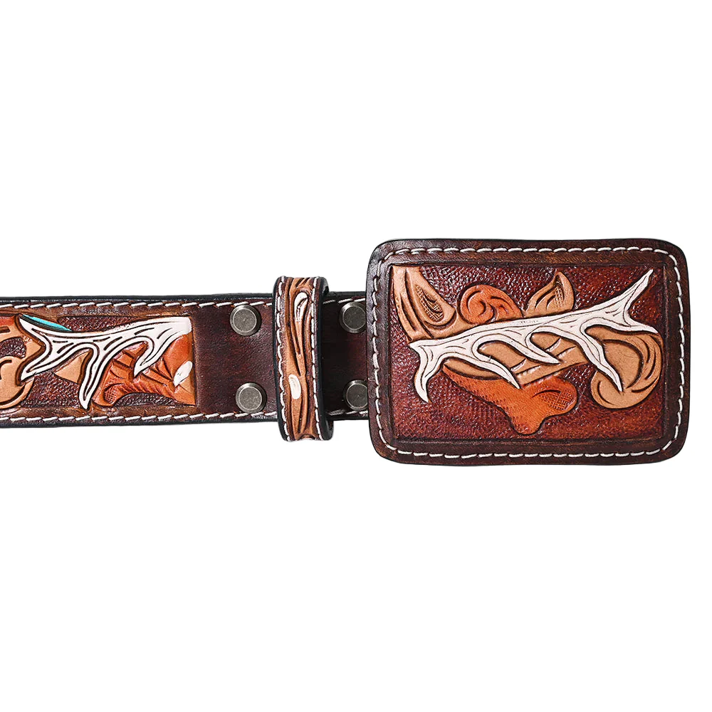 American Darling Tooled Leather Western Belt - White Antler & Scroll Floral Design - Brown - Image 2