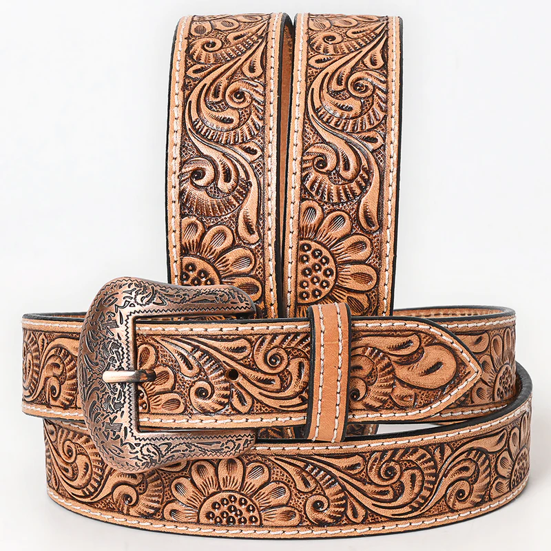 American Darling Unisex Hand Carved Western Leather Belt - Tan