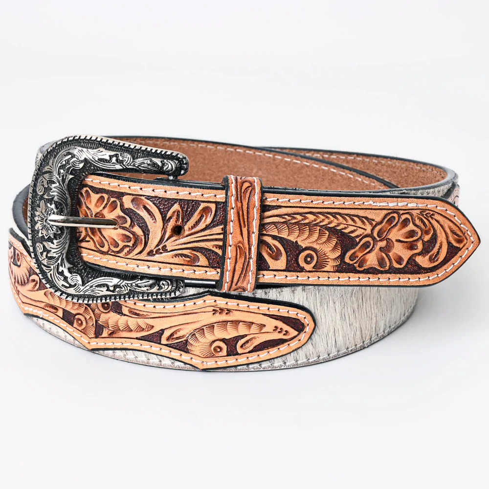 American Darling Unisex Tooled Leather Belt - White Cowhide - Image 3