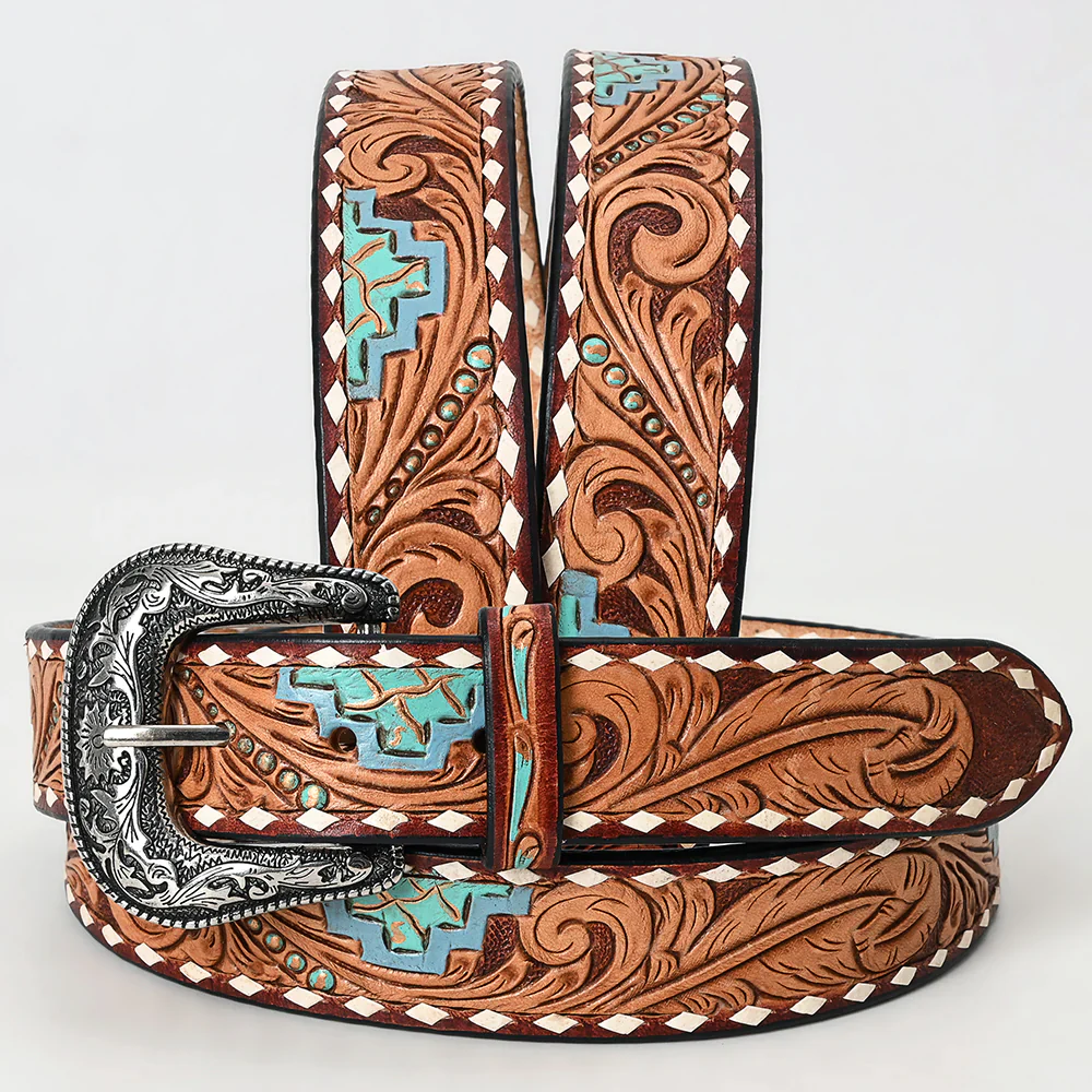 American Darling Unisex Aztec Tooled & Whipstitch Engraved Buckle Western Belt - Tan/Turquoise