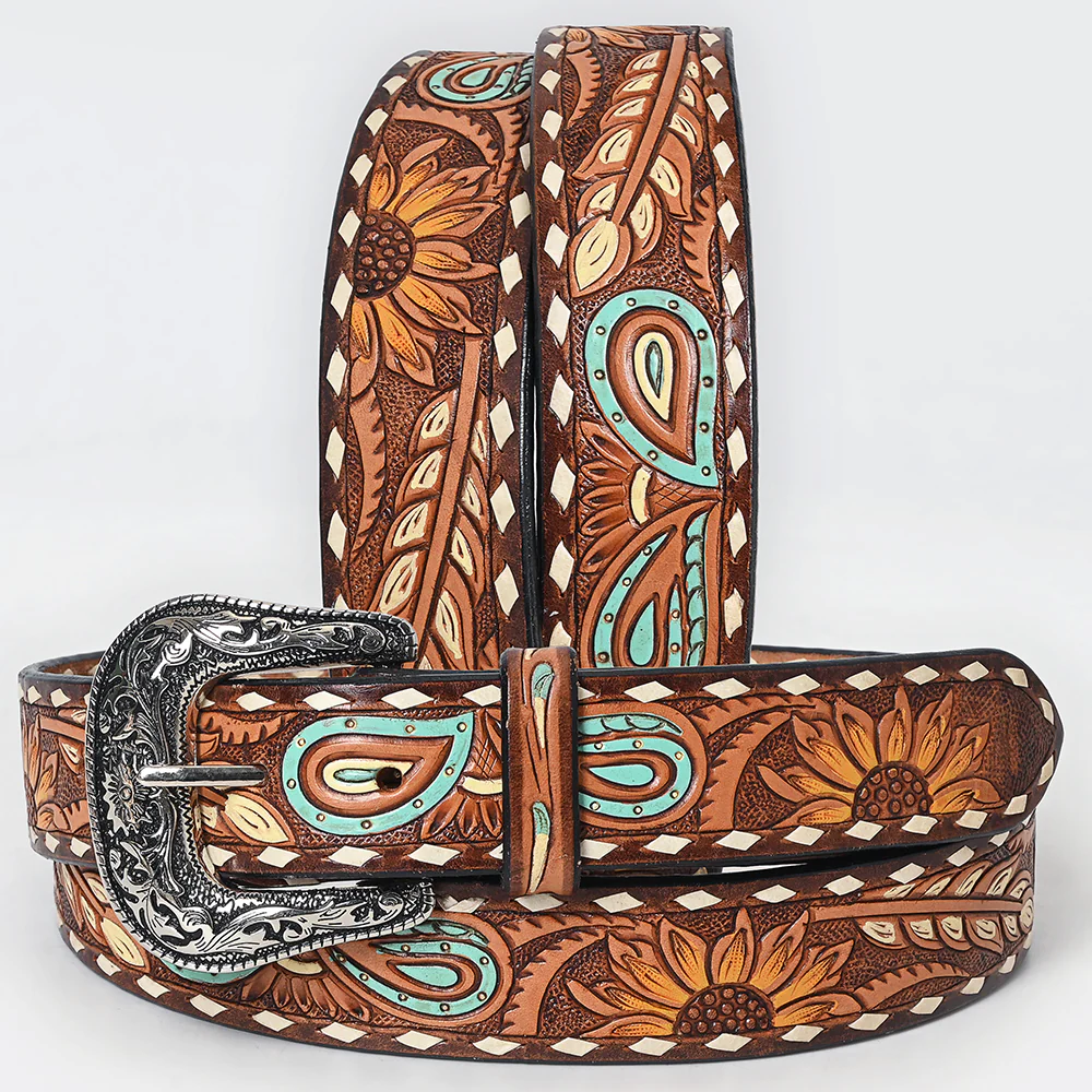 American Darling Unisex Sunflower & Paisley Accent Tooled Western Belt - Brown/Turquoise