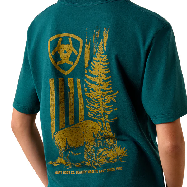 Ariat Boy's Bison Wander Flag Classic Fit Tee Shirt- Mediterranean - Image 3