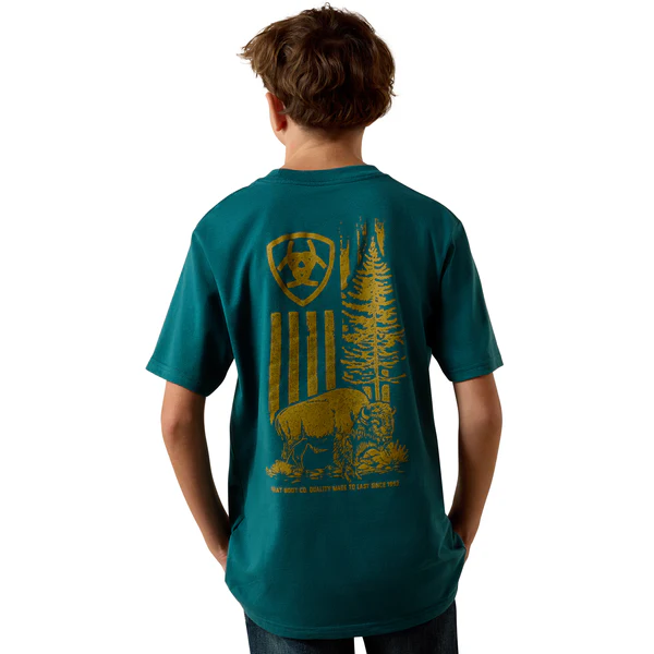 Ariat Boy's Bison Wander Flag Classic Fit Tee Shirt- Mediterranean - Image 4