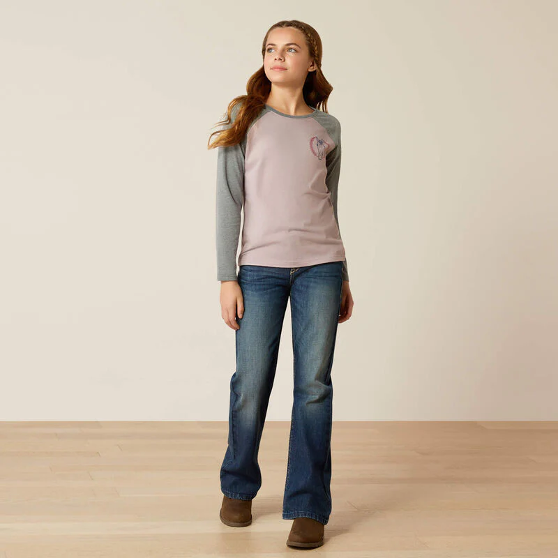 Ariat Girl's Heart Star Long Sleeve Shirt - Purple Dove Heather/Heather Grey - Image 4