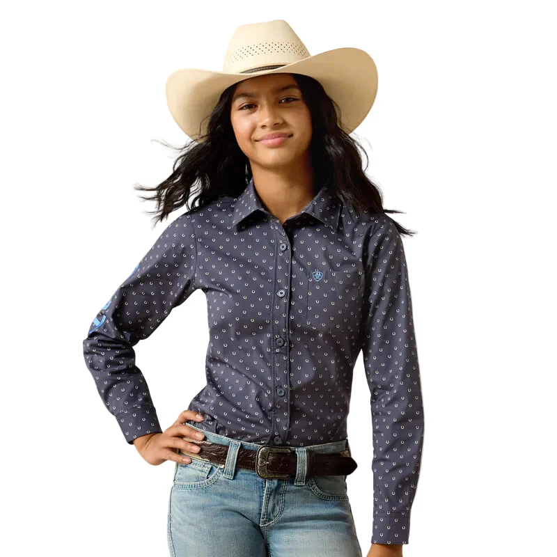 Ariat Girl's Team Kirby Long Sleeve Shirt - Navy Horseshoe