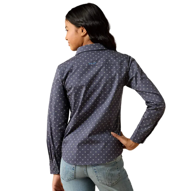 Ariat Girl's Team Kirby Long Sleeve Shirt - Navy Horseshoe - Image 2