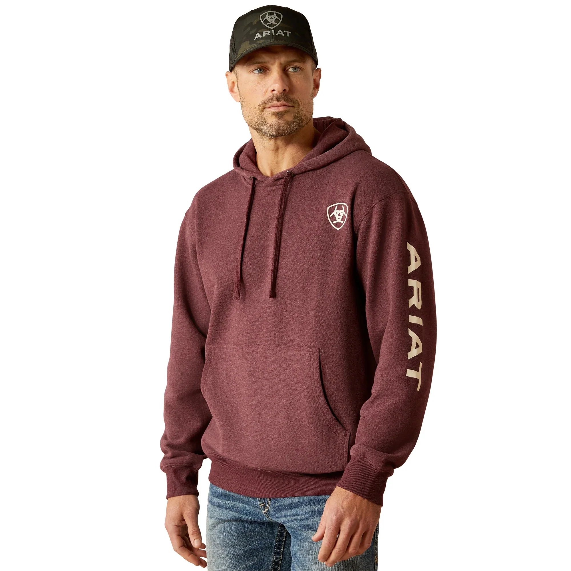 Ariat Men's Logo Long Sleeve Hoodie - Malbec Heather/Soft White - Image 3