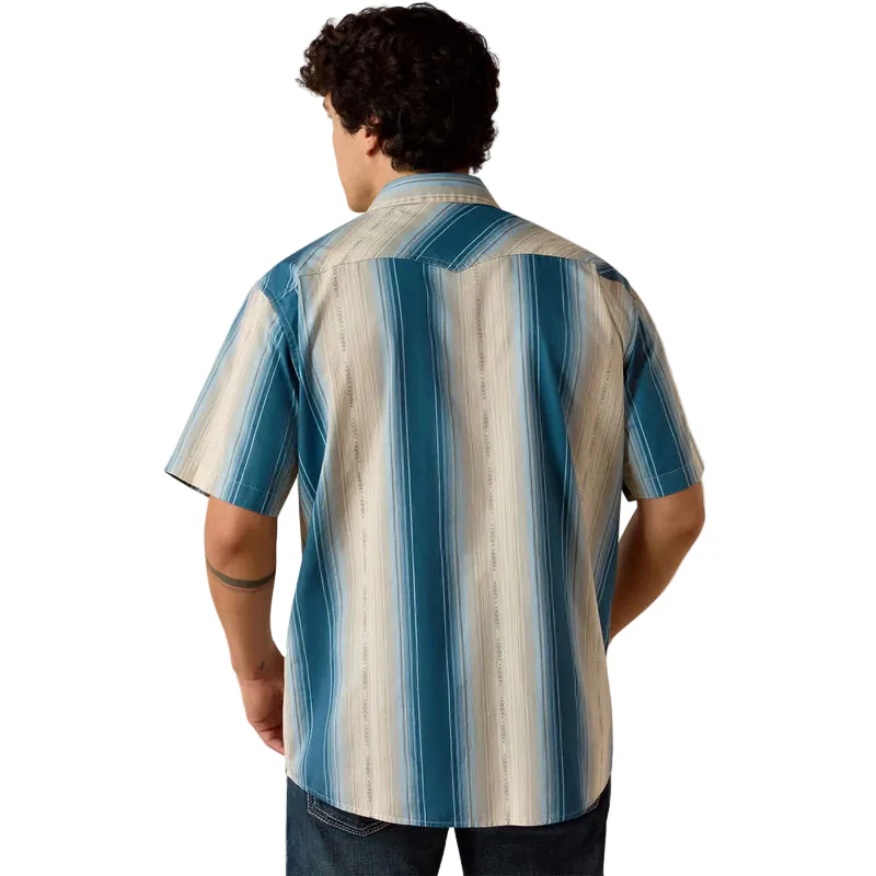 Ariat Men's Retro Hyland Short Sleeve Fitted Snap Shirt - Colonial Blue Stripe - Image 2