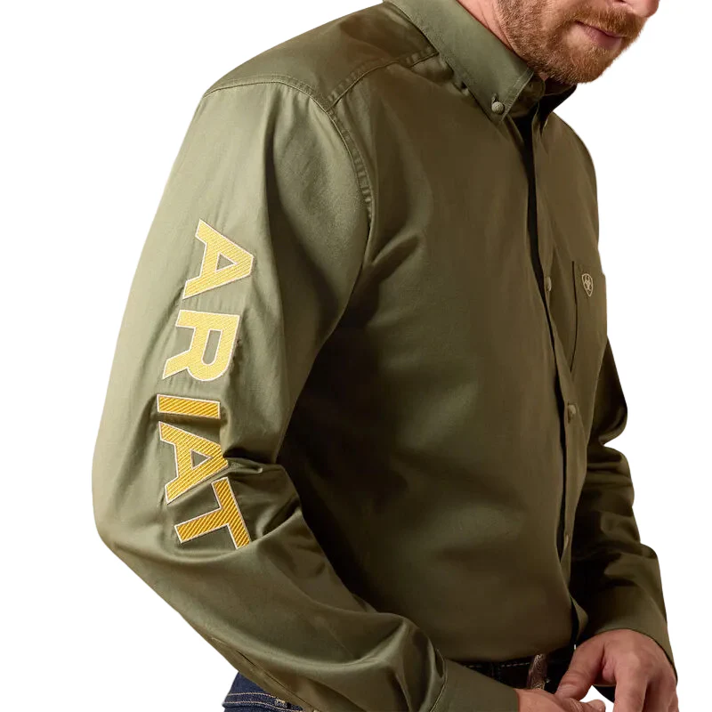 Ariat Men's Team Logo Lightweight Twill Classic Fit LS Shirt - Deep Lichen Green/Amber - Image 4