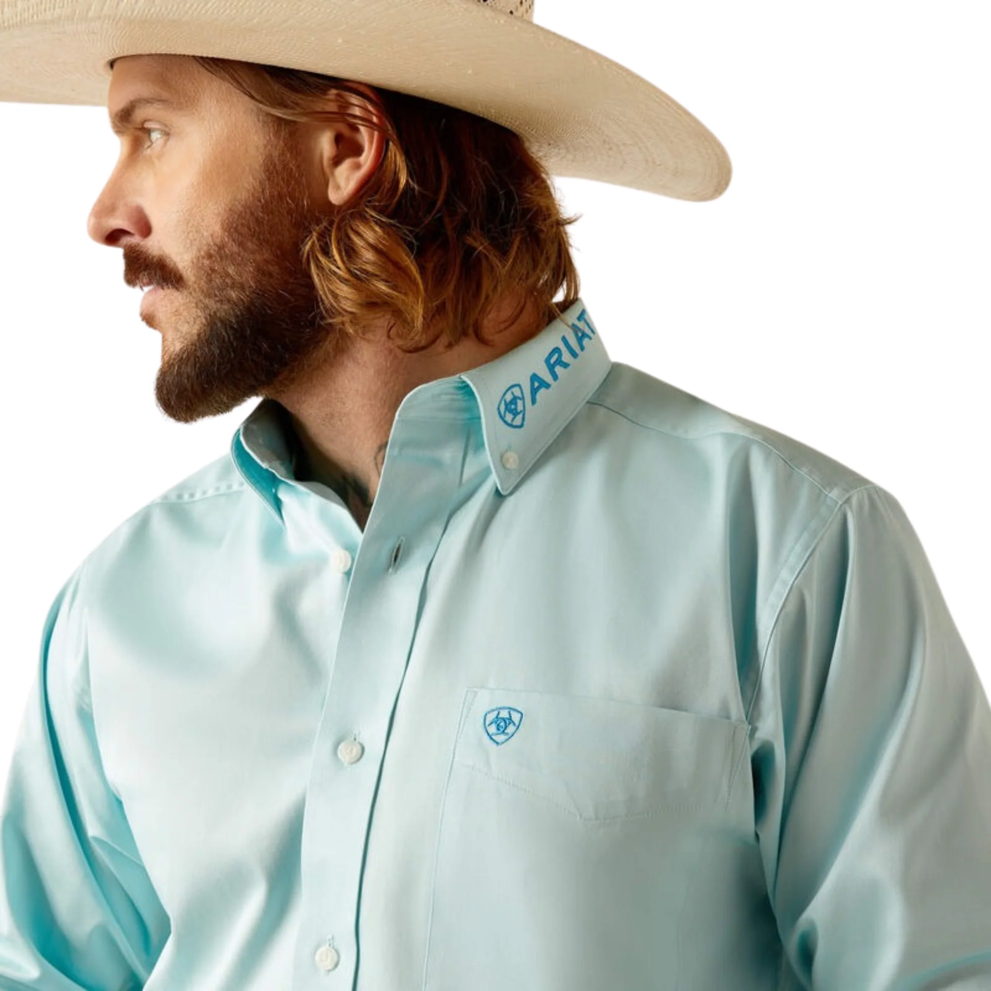 Ariat Men's Team Logo Twill Fitted Long Sleeve Shirt - Light Aqua - Image 4