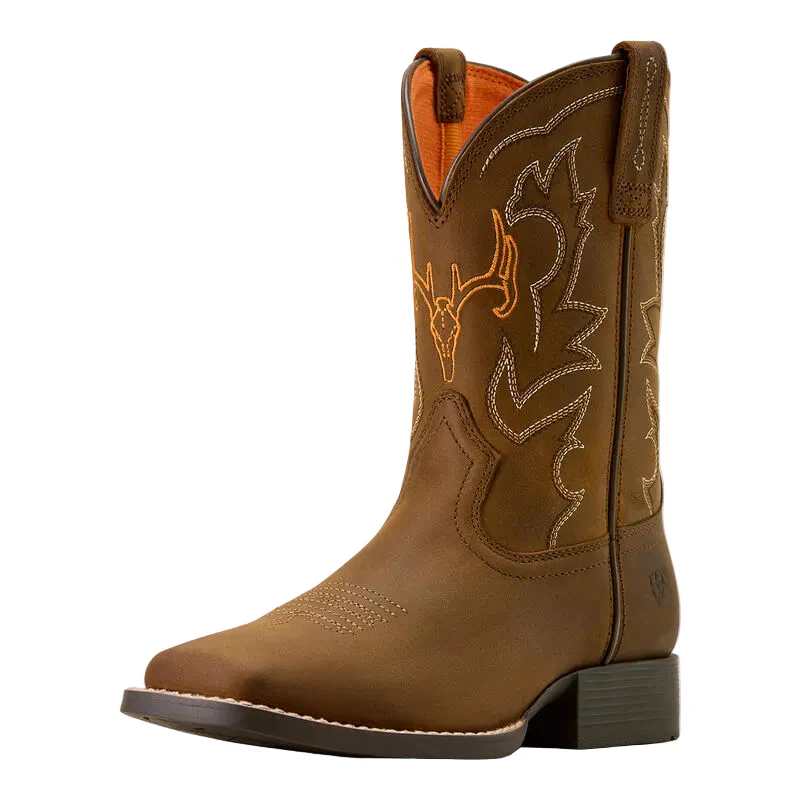 Ariat Youth Deer Ridge Wide Square Toe Western Boot- Distressed Brown