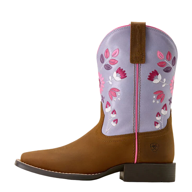 Ariat Youth Wild Bloom Wide Square Toe Western Boot - Distressed Brown/Mystic Lavender - Image 2