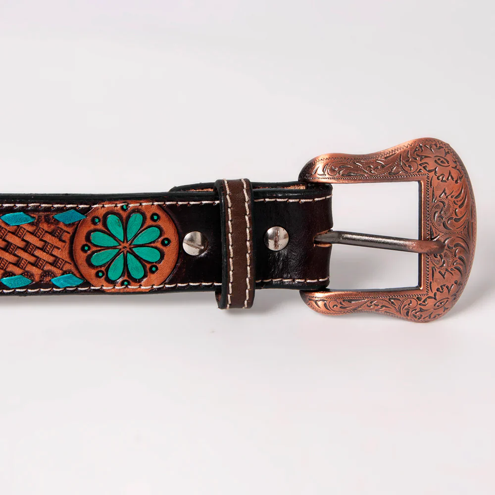 Bar H Tooled Leather Belt - Brown with Turquoise Accents - Image 4