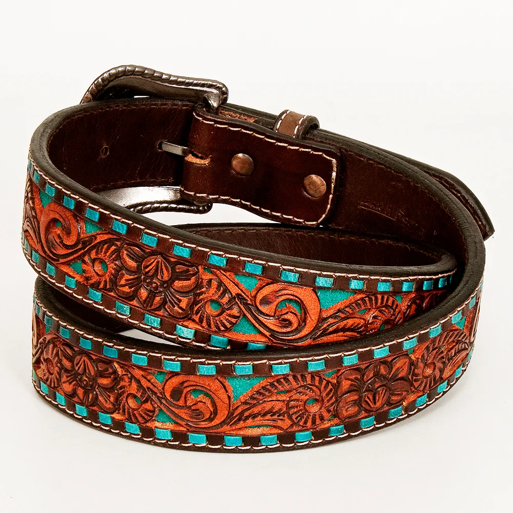 Bar H Tooled Leather Belt - Brown Tooled Flowers with Turquoise Edge - Image 3