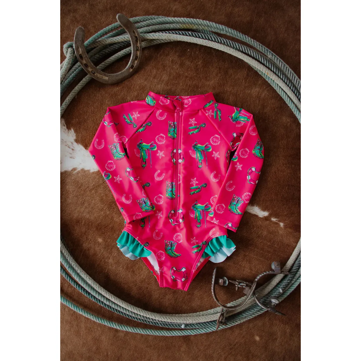 Boots & Bows Neon Western Toddler Girl Swimsuit- Multi