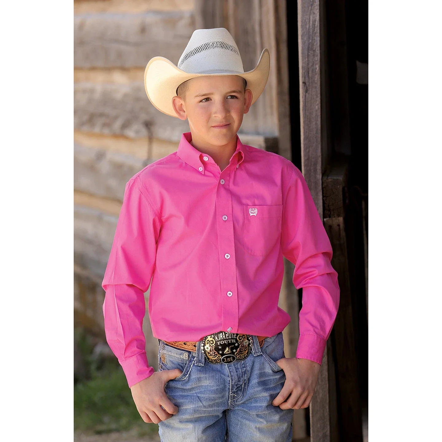 Cinch Boy's Classic Fit Cotton Long Sleeve Shirt - Pink