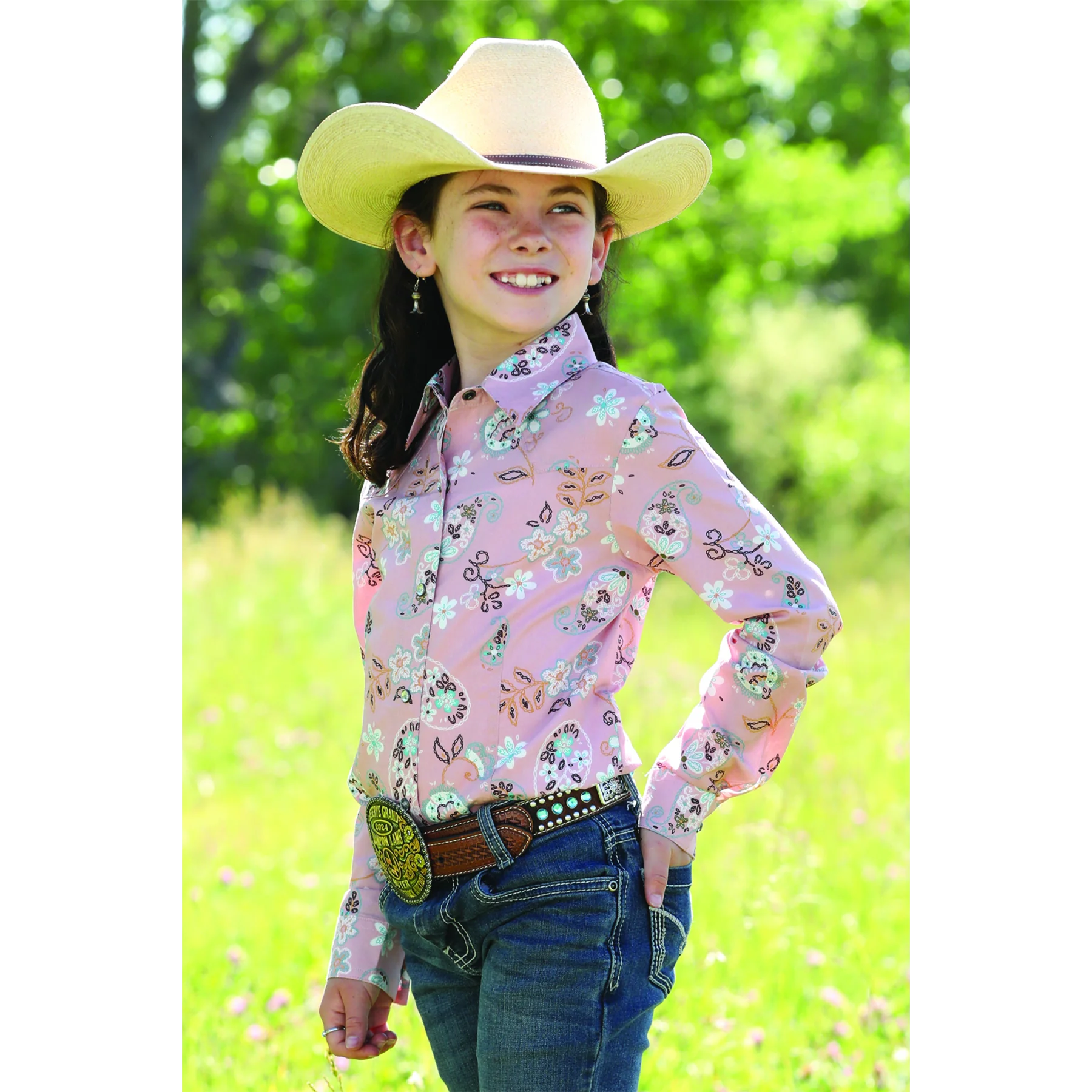 Cinch Girls Flower Print Long Sleeve Shirt- Pink