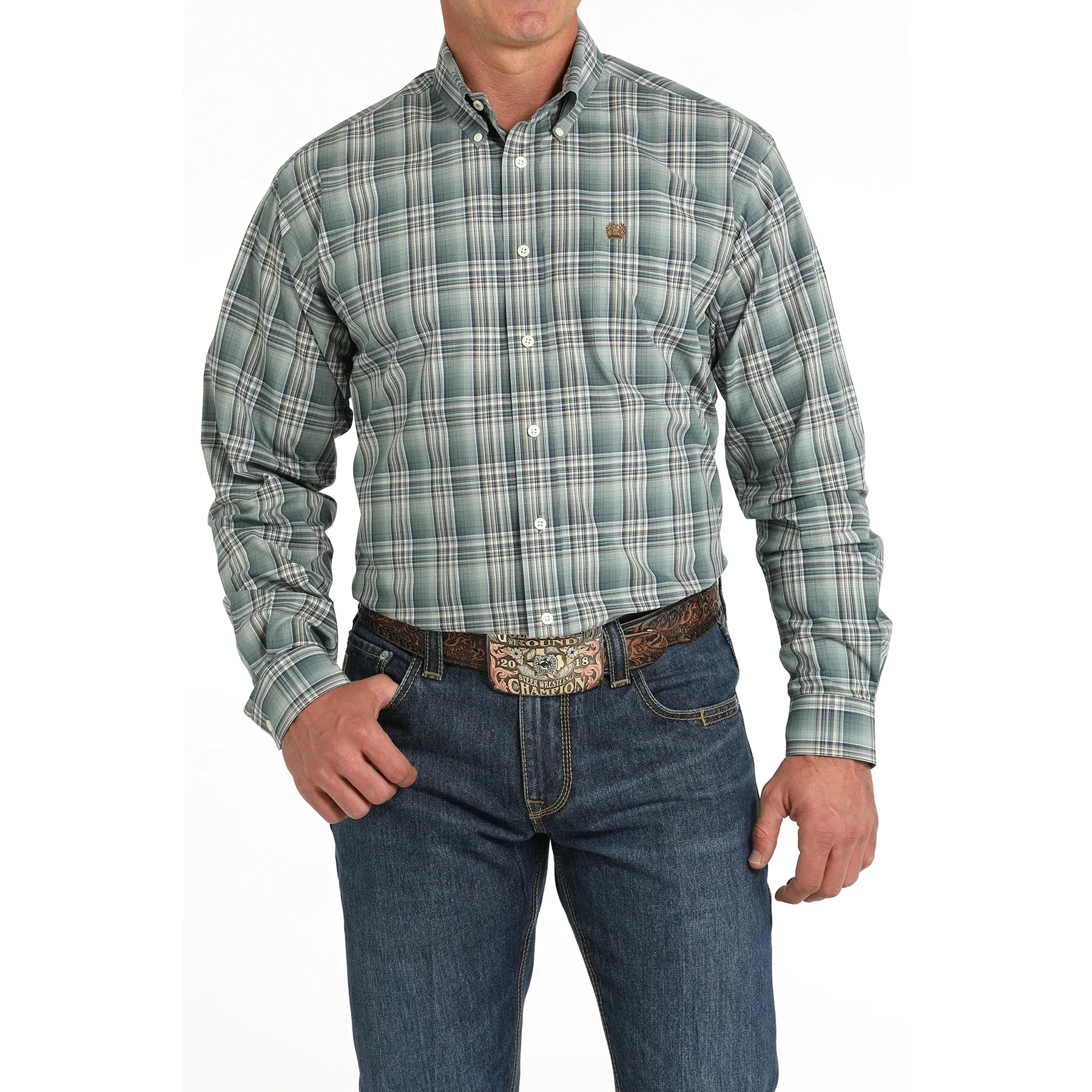 Cinch Men's Long Sleeve Plaid Button Down Western Shirt - Green