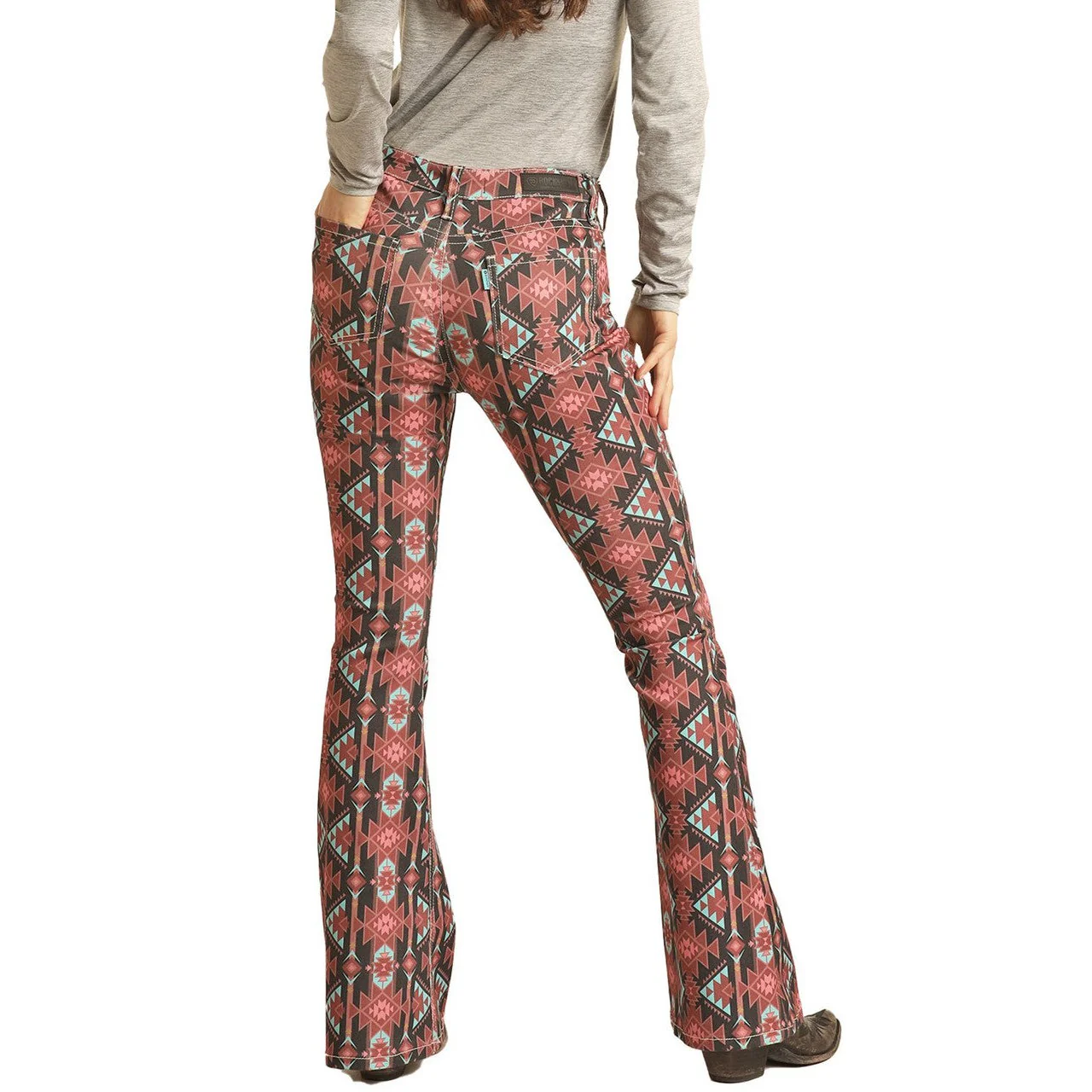 Rock & Roll Hooey Women's Aztec High Rise Extra Stretch Baby Flare Jeans - Pink/Black - Image 2