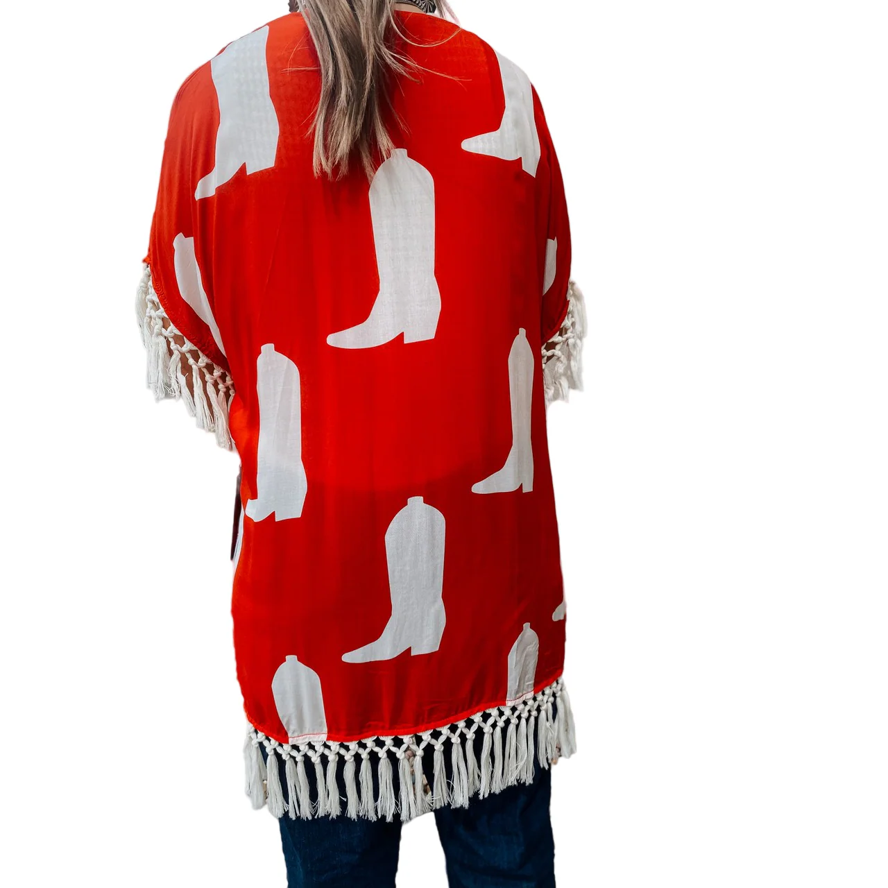 Rock & Roll Women's Kimono - Cowboy Boot Print - Red - Image 2