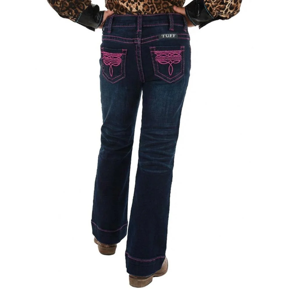 Cowgirl Tuff Girl's Pink Bootstitch Trousers Jeans - Dark Wash - Image 2