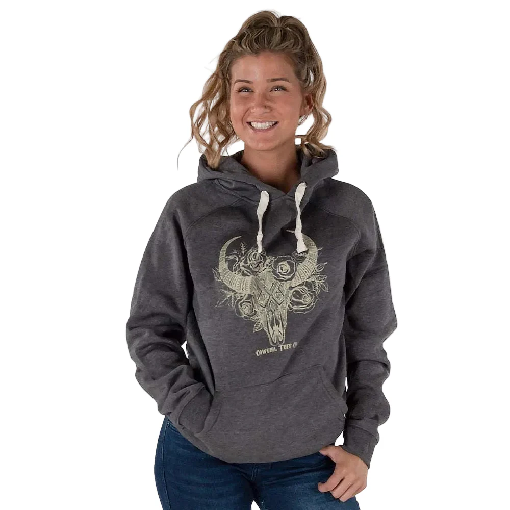 Cowgirl Tuff  Floral Longhorn Skull Print Hooded Sweatshirt - Charcoal/Gray