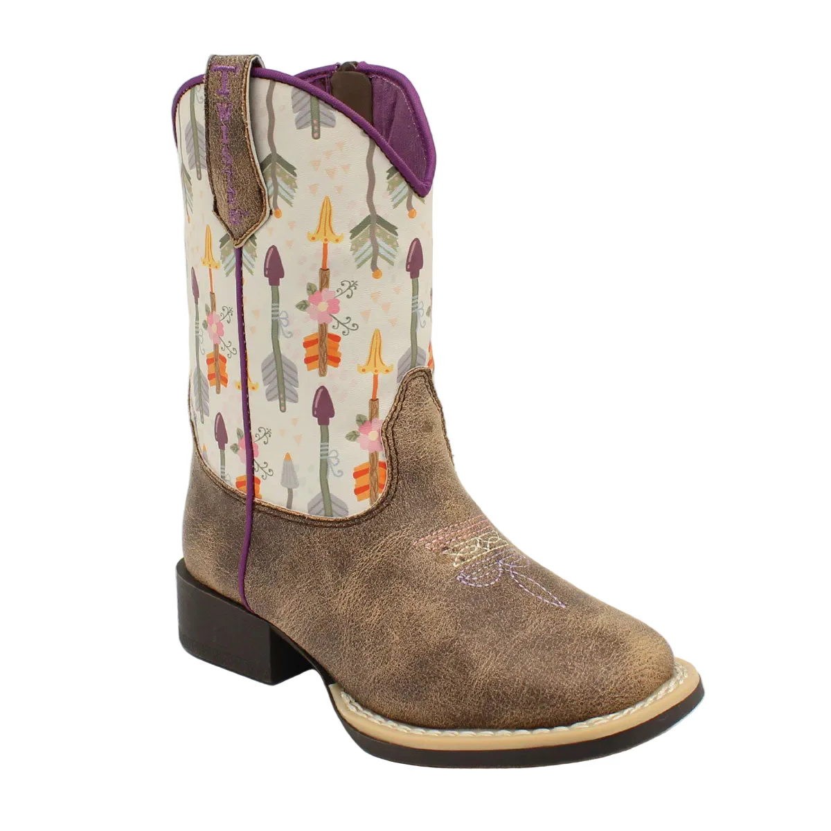 Double Barrel Girl's Hannah Western Boots - Brown w/Arrow/Flower Print