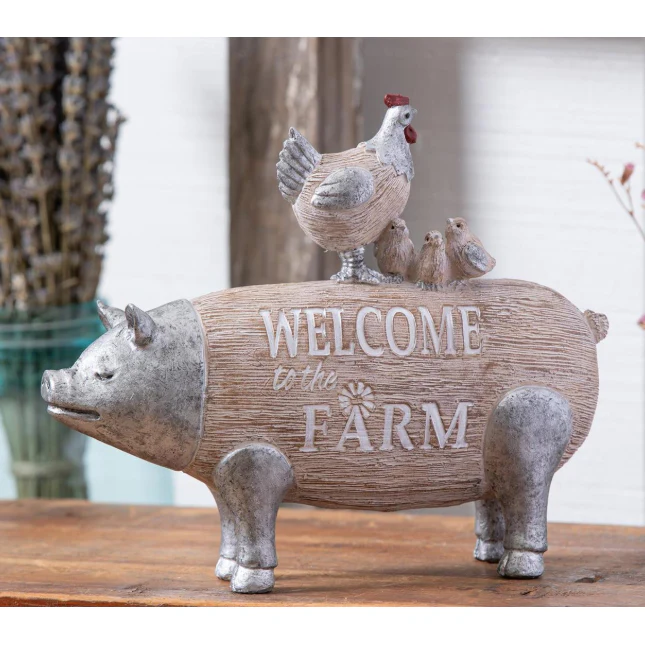 Evergreen Petal & Plow Resin Chicken Standing on Pig Table Decor- 9"