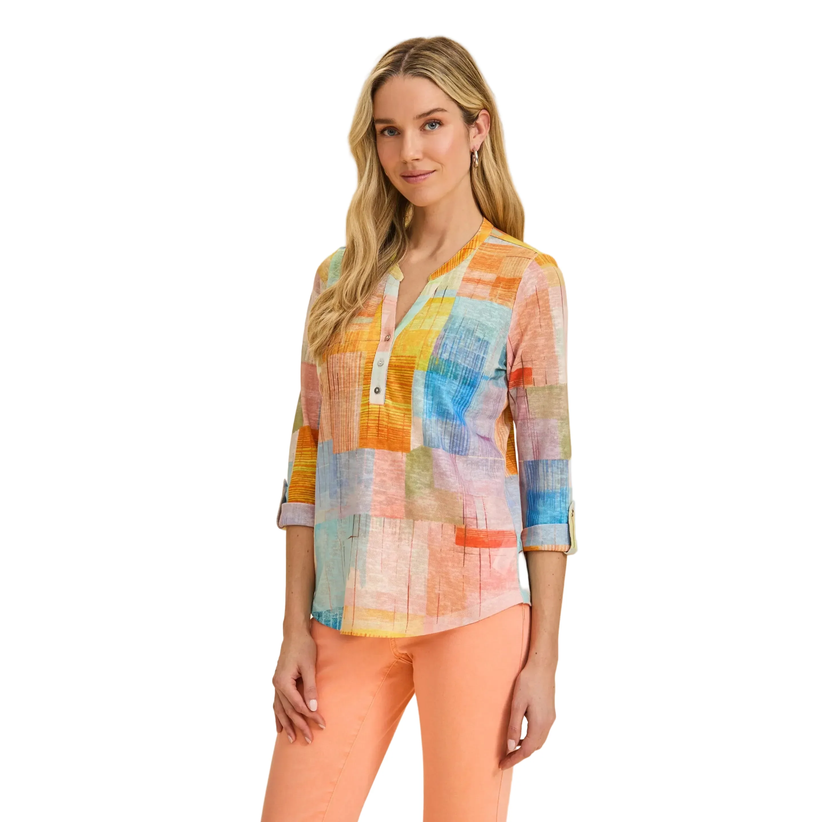 FDJ Women's 3/4 Sleeve Henley Top - Summer Geo