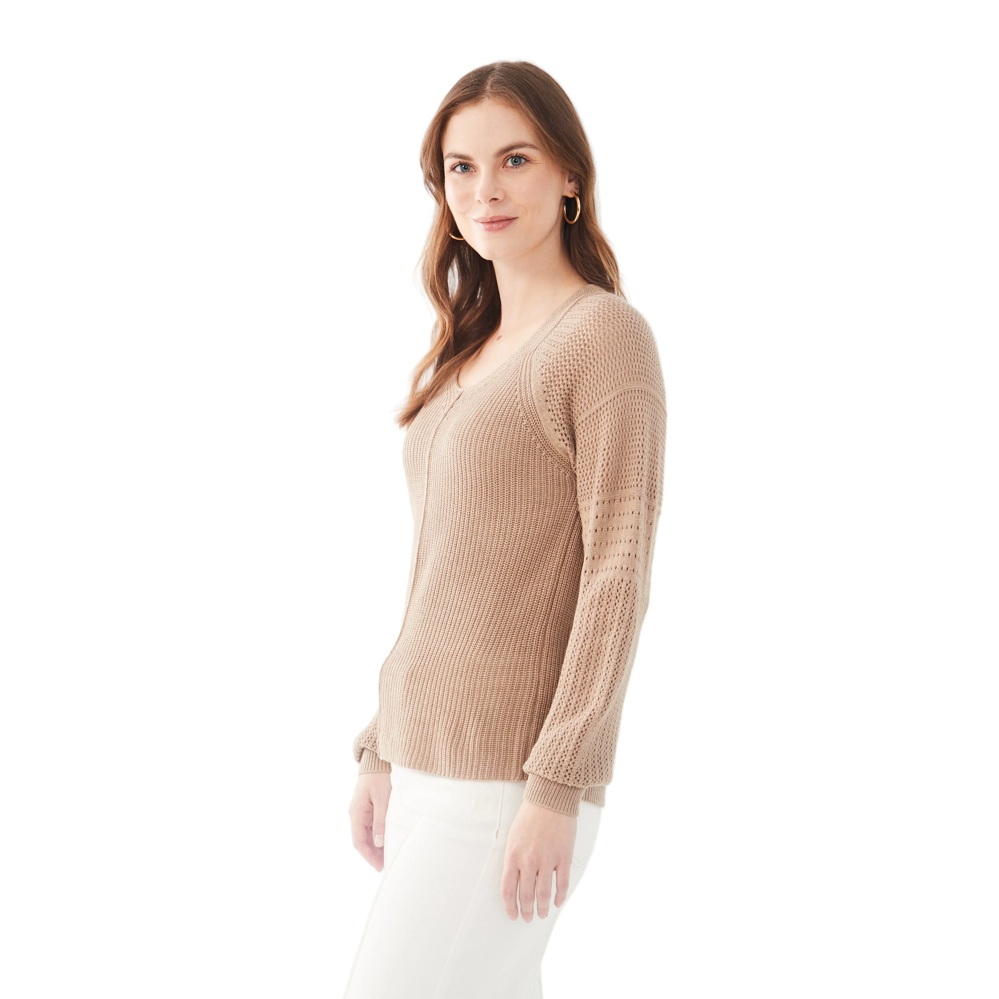 FDJ Women's Long Pointelle Sleeve V-Neck Sweater - Assorted Colours - Image 2