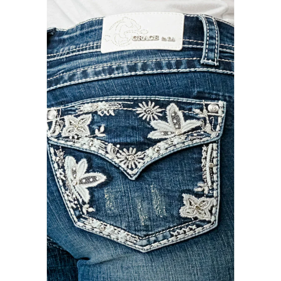 Grace In LA Women's Easy Bootcut Jeans - Floral Faux Flap - Image 3
