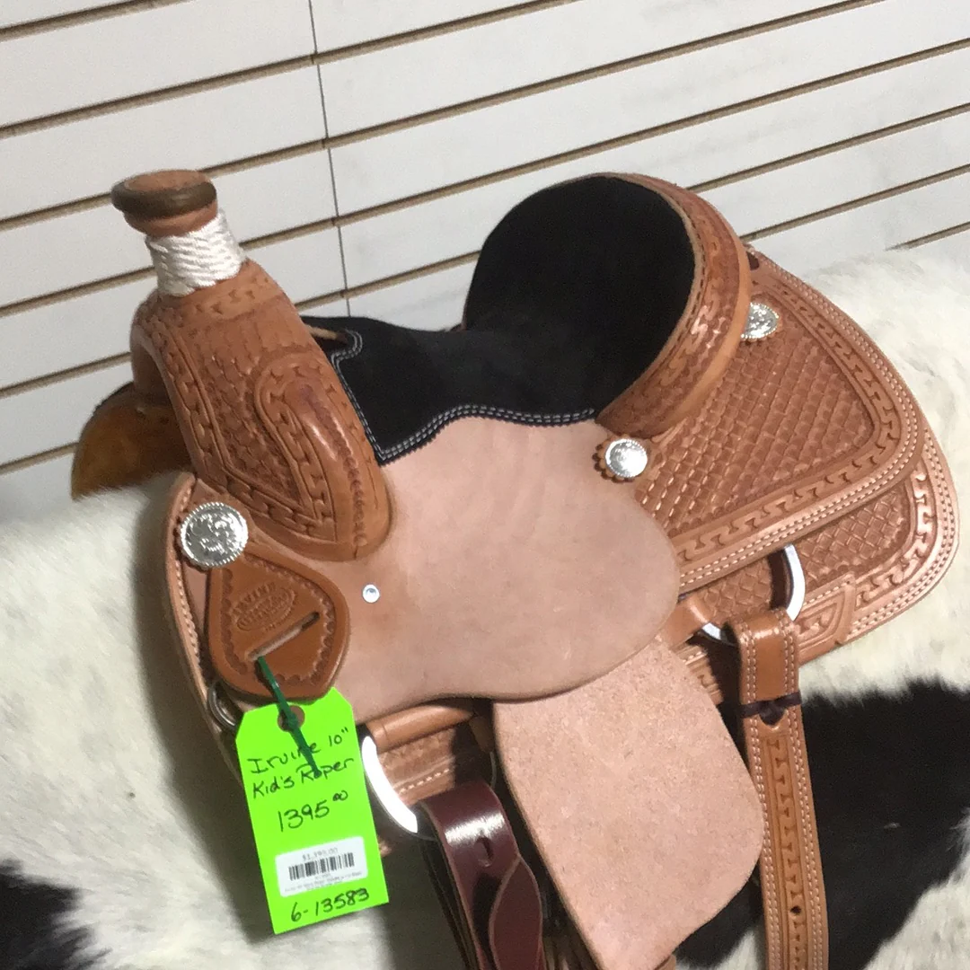 Irvine 10" Kid's Roper Saddle - 1/2 Basic Tooling Suede Seat - Image 2