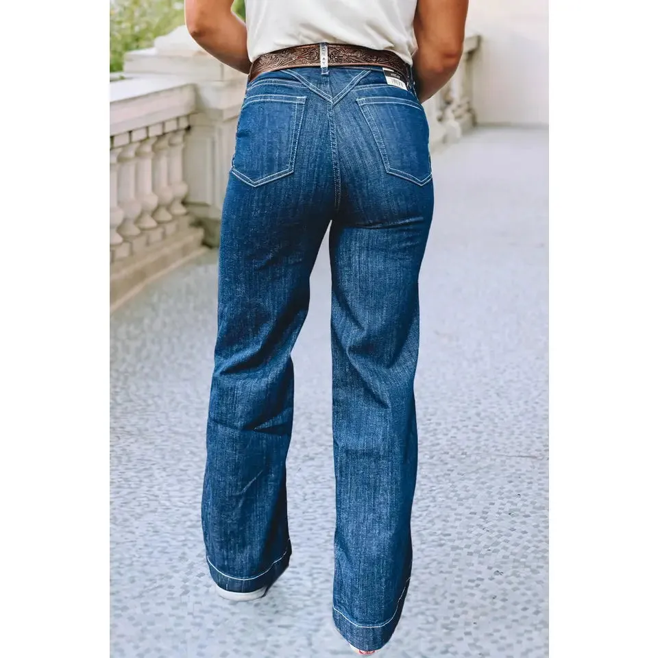Little Daisy Stitched Waist Detail Loose Cuff Jeans- Sail Blue - Image 2