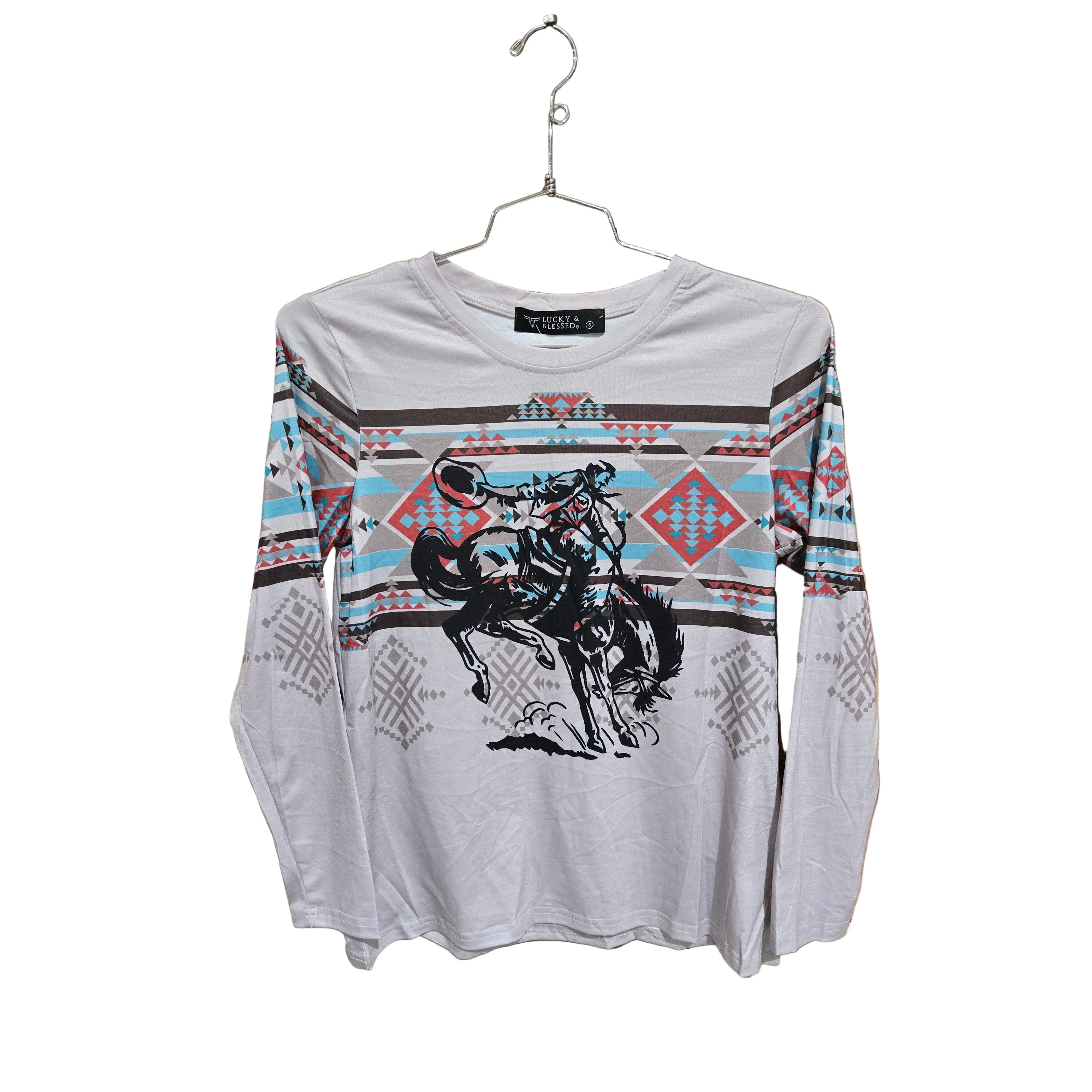 Lucky & Blessed Women's Aztec Kicking Horse Printed Top-Light Grey